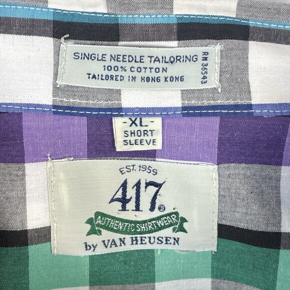 VTG 417 Van Heusen Camp Shirt Mens XL Blue Black White Green Plaid 80s Preppy - Picture 6 of 6
